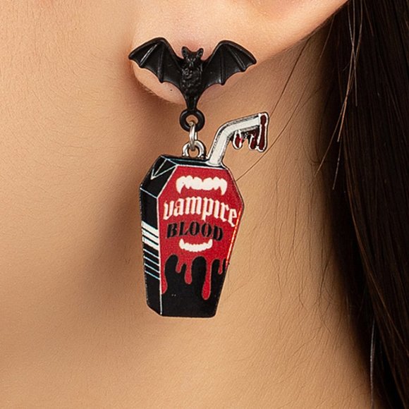 Jewelry - DESIGNER GOTH DRACULA VAMPIRE BLOOD BLACK BAT & COFFIN DANGLE EARRINGS**NEW!